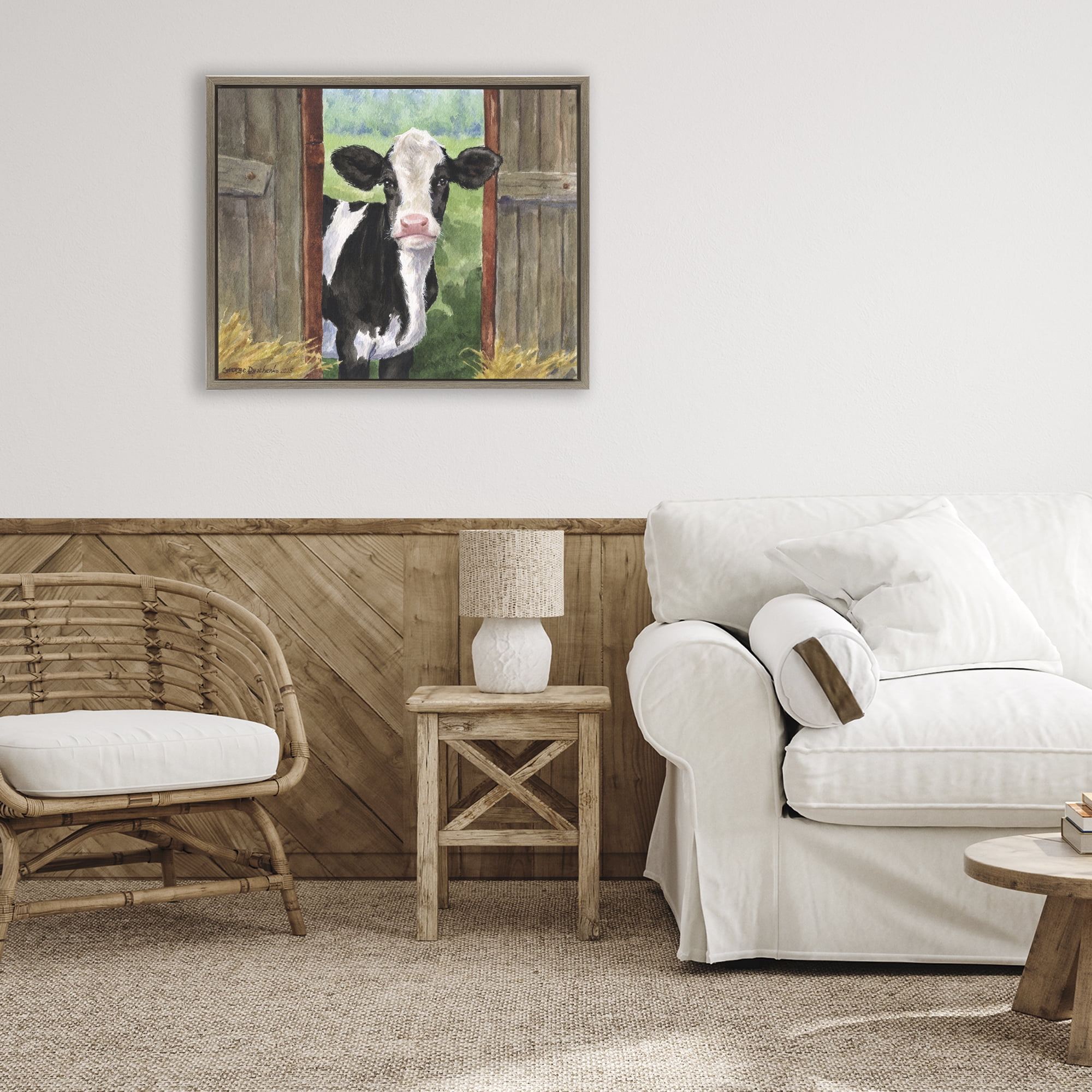 Stupell Industries Cow in Wooden Gate Brown Framed Floater Canvas Wall Art, design by George Dyachenko