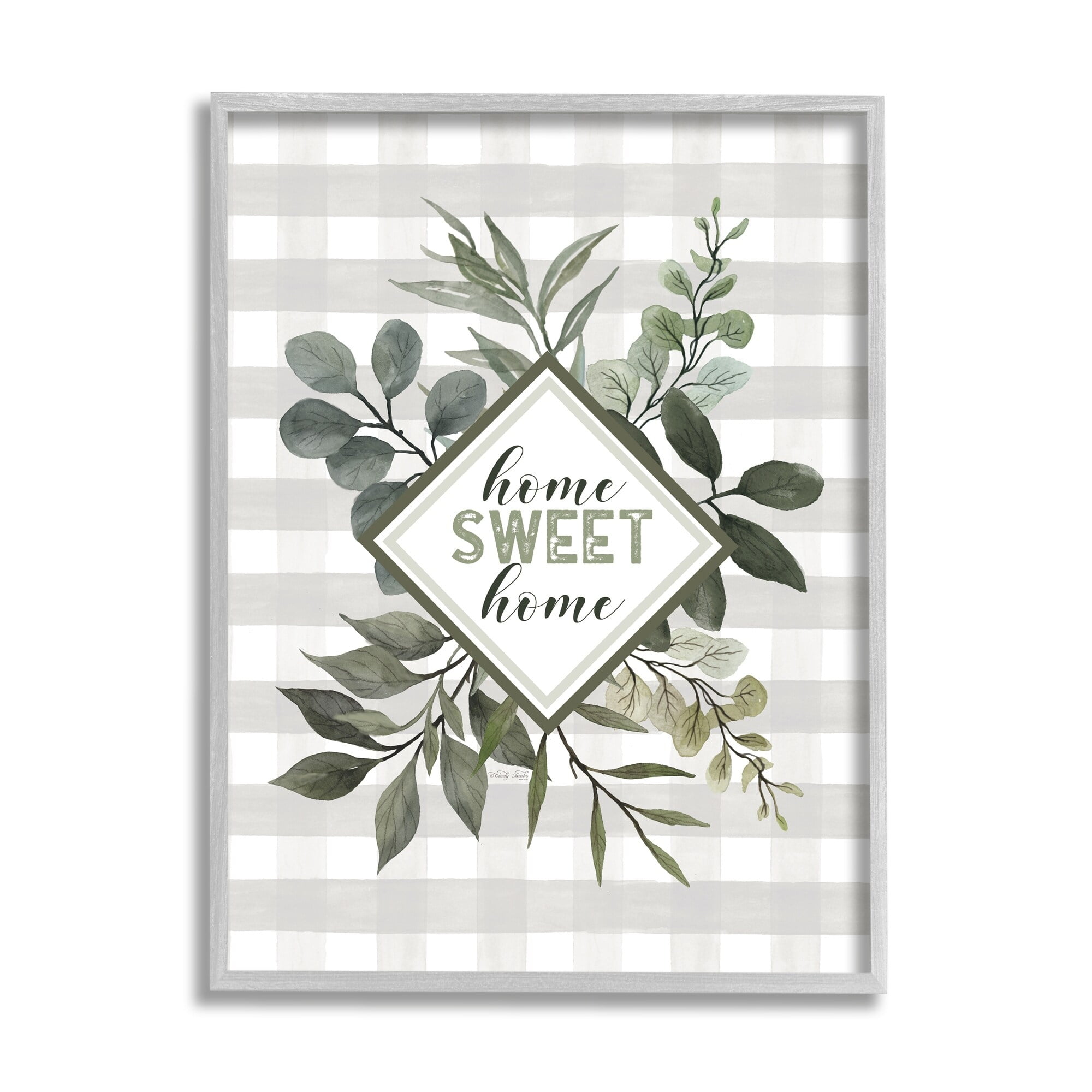 Stupell Industries Home Sweet Home Phrase Green Botanicals Plaid Pattern Graphic Art Gray Framed Art Print Wall Art, 16x20, by Cindy Jacobs