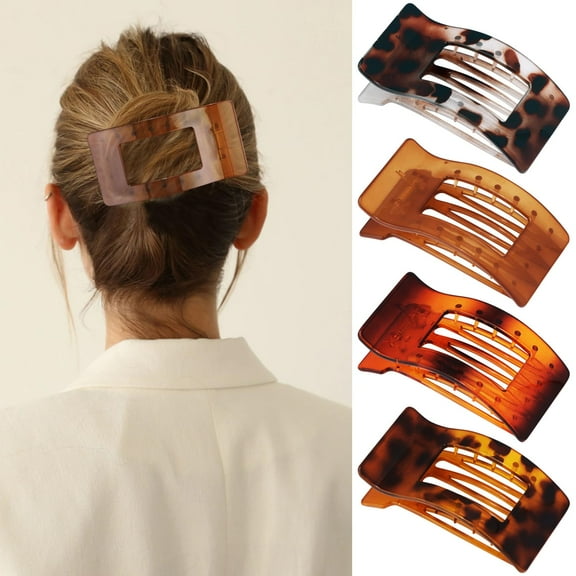Flat Hair Clips for Women Girls, Matte Lay Flat Claw Clips, Strong Hold Large Side 4PCS Hair Clip All Hair Types, French Duck Billed Non Slip Grip Daily Styling Amber Leopard Hair Jaw Claw Clip