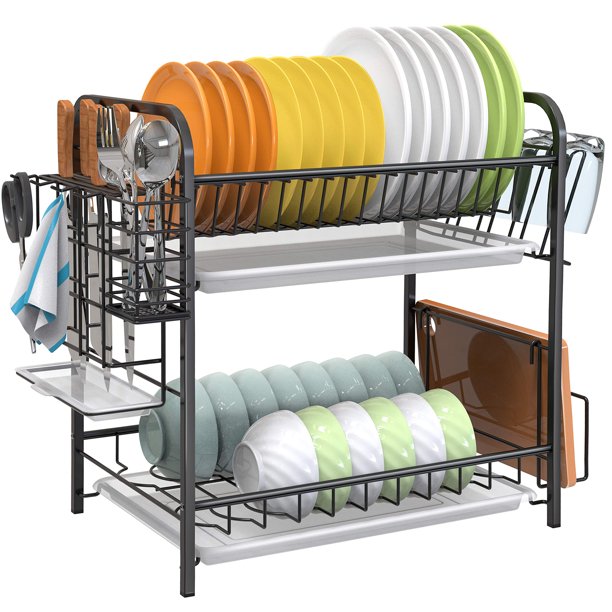 Auledio 2 Tier Dish Drying Rack, Plate Rack with Drainboard for Kitchen Countertop, Black