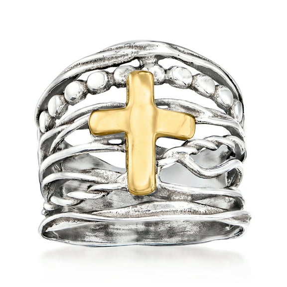 Ross-Simons Sterling Silver and 14kt Yellow Gold Multi-Row Cross Ring, Women's, Adult