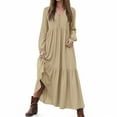 thumbnail image 2 of vigerkar Women's Linen Maxi Dress Long Sleeve Casual V-Neck Tiered Ruffle Dress Boho Beach Pleated Long Dress Beige, XL, 2 of 9