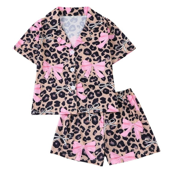 CUZIBR Fall Outfits For Girls Stylish Button Down Short Sleeve Lapel Collar Top Blouse Shorts Soft Cartoon Bow Floral Print Fashionable Leopard Home Dailywear Boys' Clothing Sets,Pink,7 Years