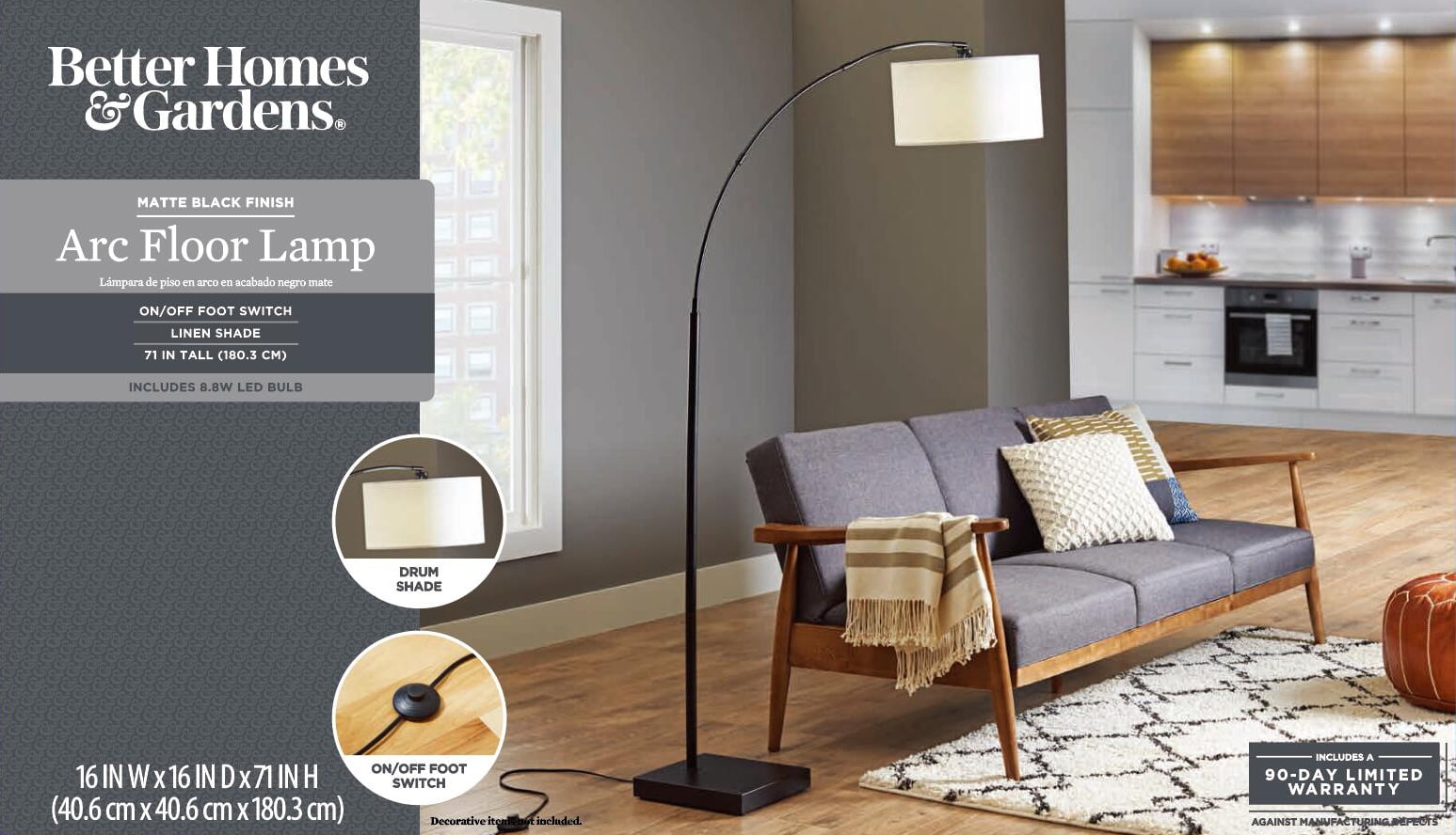 Better Homes & Gardens Modern Metal Arc Floor Lamp with LED Bulb, Black Finish