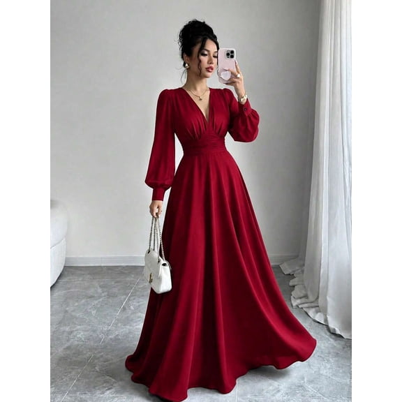 Women Deep V Neck Long Sleeve Maxi Gown, Ruched Waist A Line Flared Formal Dress, Elegant Party Wedding Guest Dress