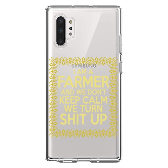 DistinctInk Clear Shockproof Hybrid Case for Galaxy Note 10 PLUS (6.8" Screen) - TPU Bumper Acrylic Back Tempered Glass Screen Protector - I'm a Farmer and We Don't Keep Calm