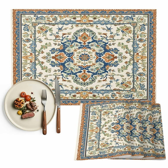 Boho Vintage Placemats Set of 6, Ethnic Tribal Aztec Floral Pattern Table Mats Washable Heat-Resistant Non-Slip Place Mats for Kitchen Dinner Table Indoor Outdoor Decor,13x19 Inch Beige