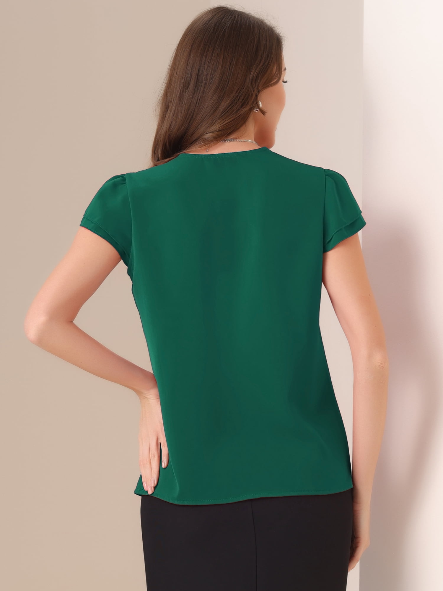 DARING DIVA Women's Summer Office Tops V-Neck Solid Color Chiffon Blouse S Dark Green
