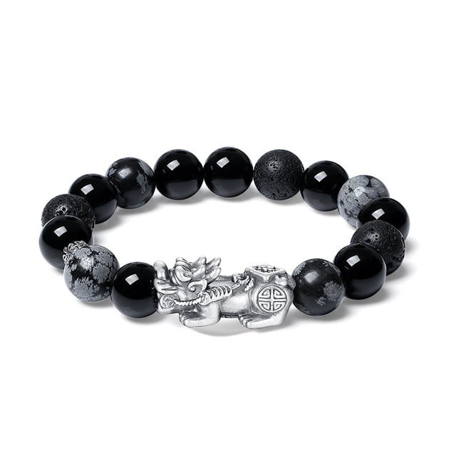 Pulsera de obsidiana para hombre con colgante Pixius de plata 999 de 12 mm