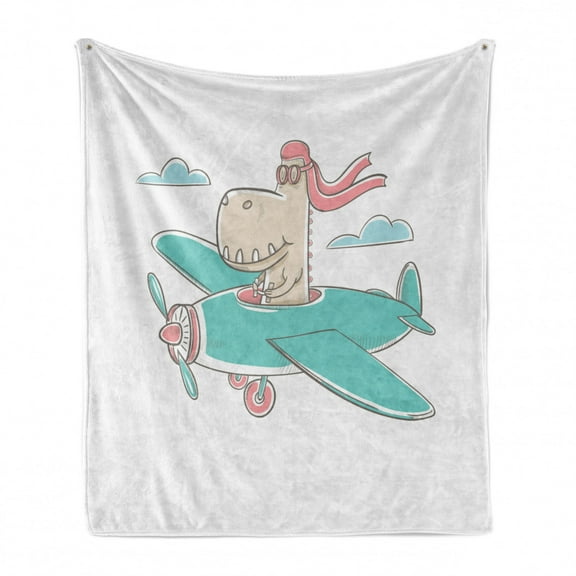 Dinosaur Soft Flannel Fleece Throw Blanket, Dinosaur Flying a Plane in Sky Cool Hipster Funny Boys Graphic, Cozy Plush for Indoor and Outdoor Use, 50" x 60", Turquoise Eggshell, by Ambesonne