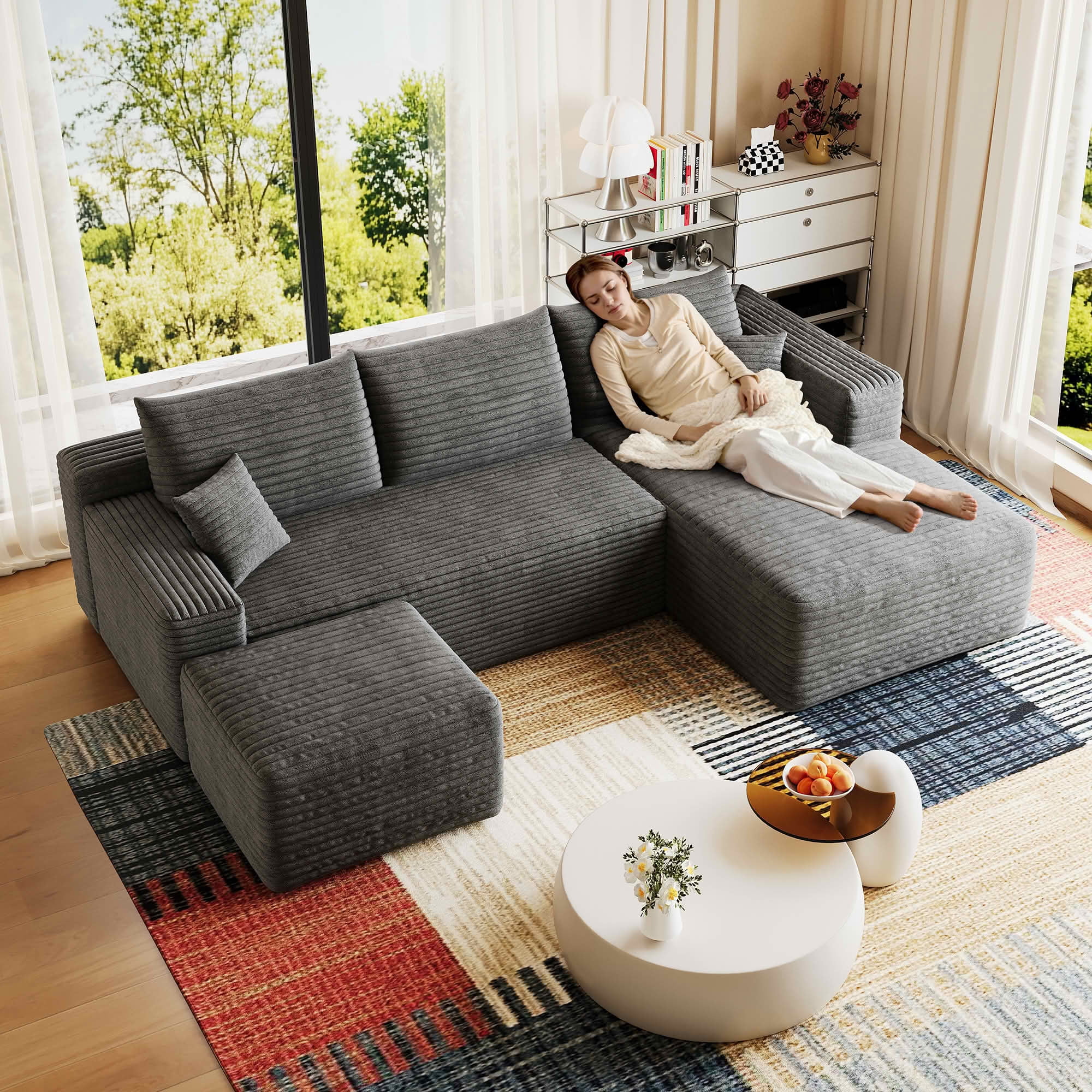 MAYEERTY 95" Cloud U-Shape Corduroy Sectional Couch with Ottoman, Deep Seating Minimalist Sofa, No Assembly for Home Bedroom