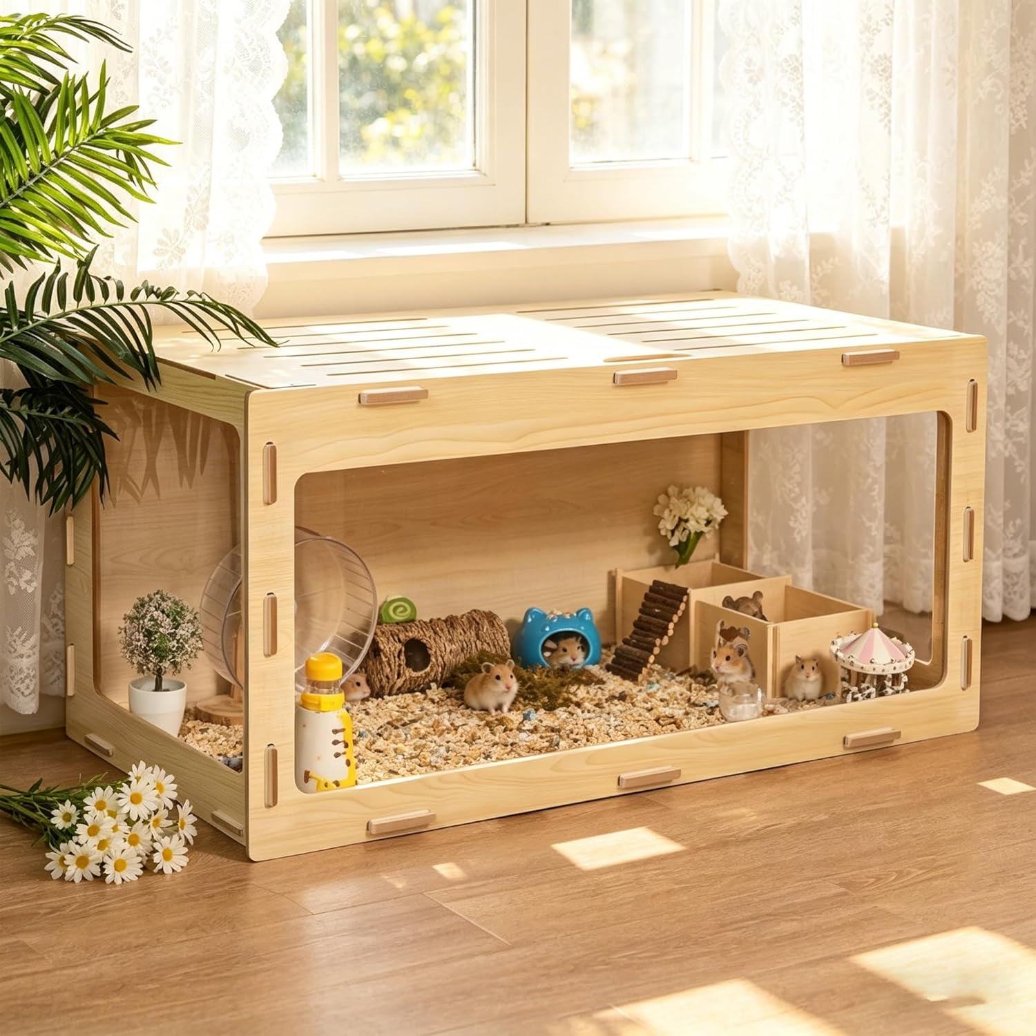 Hamster Cage, Chewproof 32" Large Wooden Hamster Enclosure with 270 ° Panoramic View, Easy Assembly, Acrylic Small Animal Habitat Cage for Syrian Dwarf Hamsters, Guinea Pig, Chinchilla, Gerbil