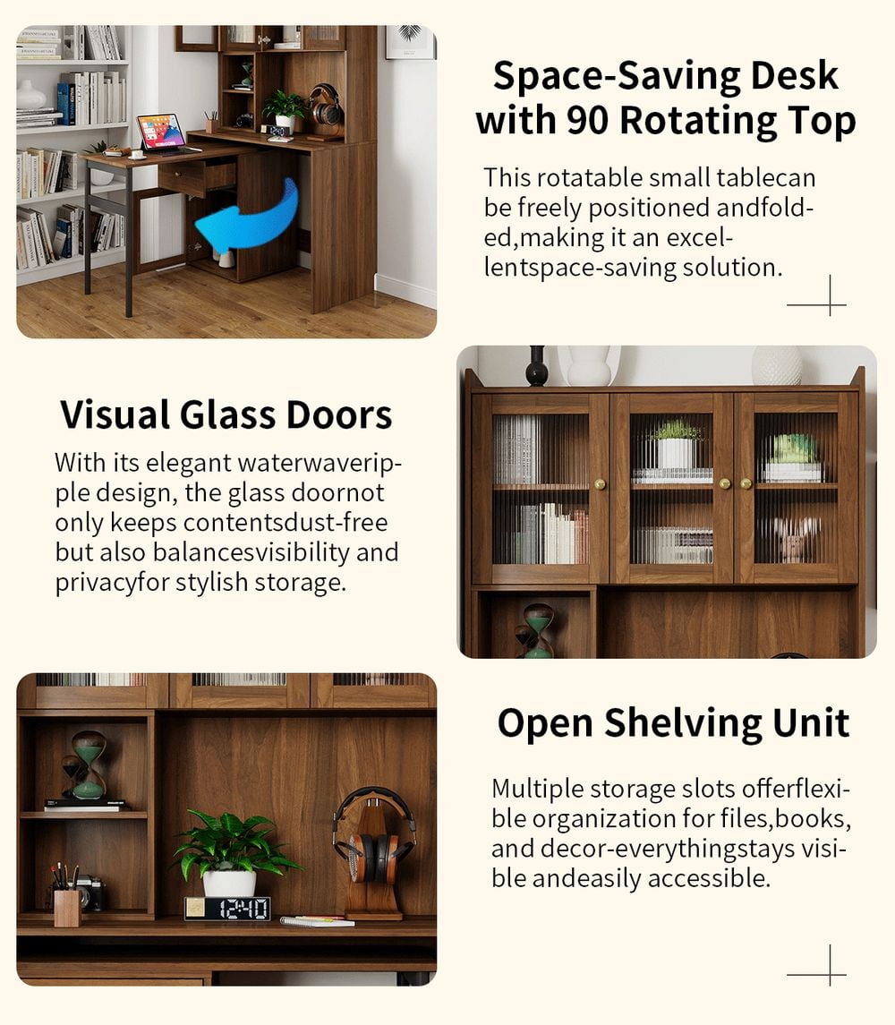 LUMAMIN Rotating Computer Desk, L Shaped Desk Writing Table Home Office Workstation with 90° Extendable Desktop, Glass-Door Cabinets, Bookshelf & Hutch, White