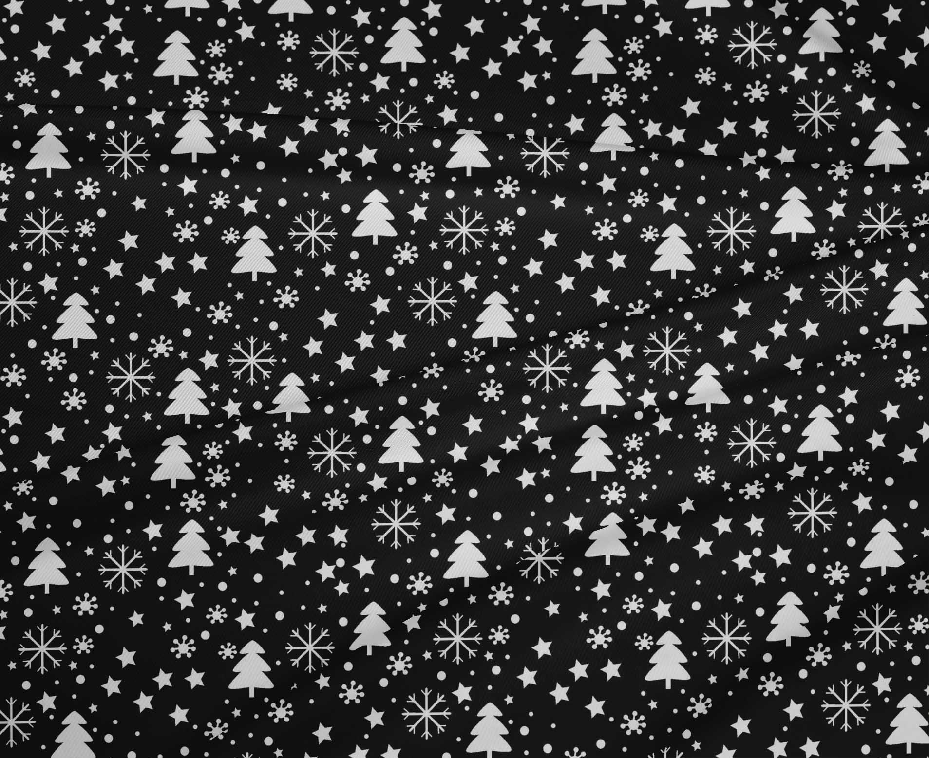 oneOone Polyester Lycra Black Fabric Snowflake,Star & Tree Diy Clothing Quilting Fabric Print Fabric By Yard 56 Inch Wide