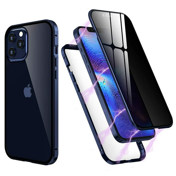 Privacy Magnetic Case for iPhone 12 / iPhone 12 Pro 6.1 inch, Dteck Double-Sided Tempered Glass Magnetic Adsorption Metal Bumper Privacy Screen Protector Antipeep Anti-Spy Phone Cases Cover, Blue
