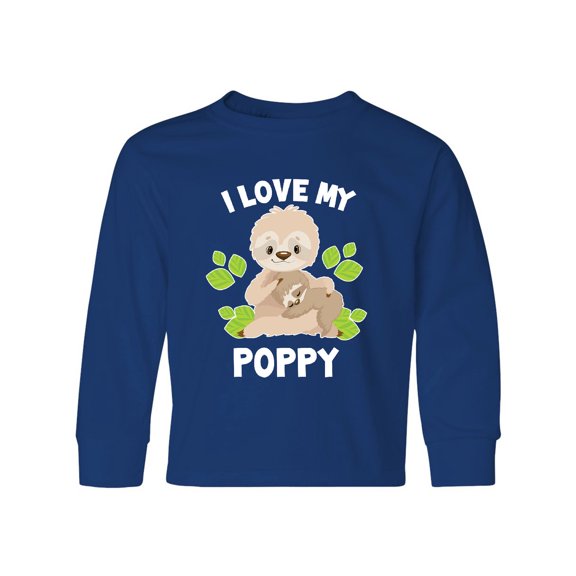 Inktastic Cute Sloth I Love My Poppy with Green Leaves Long Sleeve Youth T-Shirt