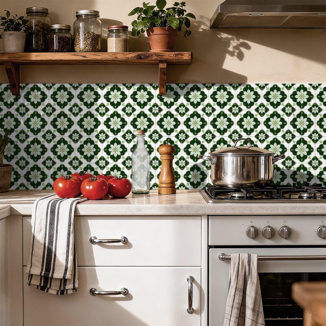 24Pcs Tile Sticker Peel and Stick Backsplash Matte PVC 7.87" x 7.87" DIY Decor Green Flowers Wall Stickers Waterproof Self Adhesive Decals