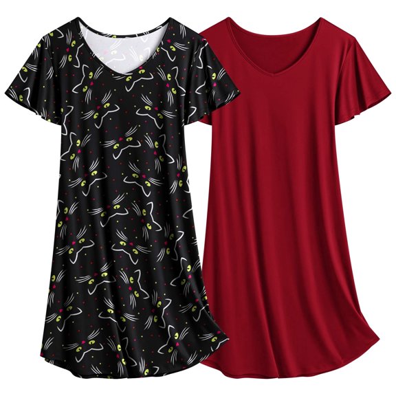 Fiykzur 2 Pack Nightgowns for Women Flare Short Sleeve Sleepshirt V Neck Sleepwear Pajama Dress
