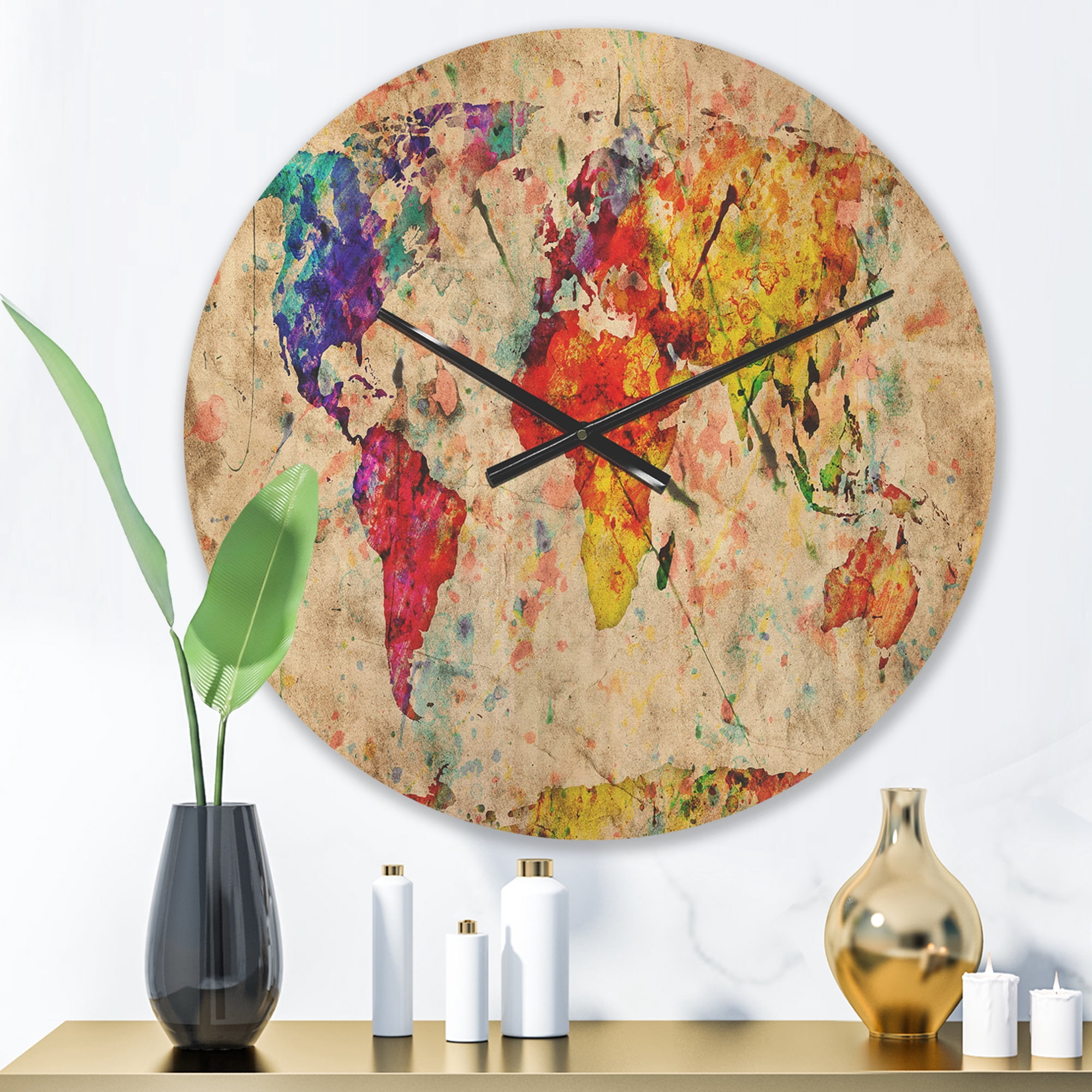 Designart 'Traditional World Map Watercolor ' Modern Wood Wall Clock
