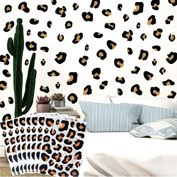 Leopard Print Wall Decals, 8 Sheets, 232 Pieces, Black and Tan Animal Pattern Decor Decals Vinyl Wallpaper for Kids Bedroom Classroom Living Room Nursery