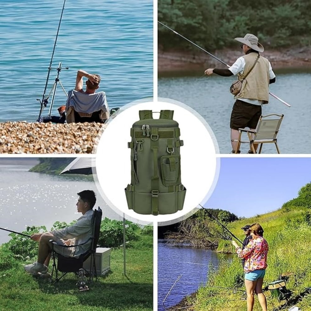 Fishing Backpack Tackle Bag, Kvago Fishing Bag Shoulder Bag with Rod Holders, Storage Bag for Outdoor Activities, Fishing, Camping, Hiking, Cycling (8.27 x 6.69 x 16.93 in, Green)