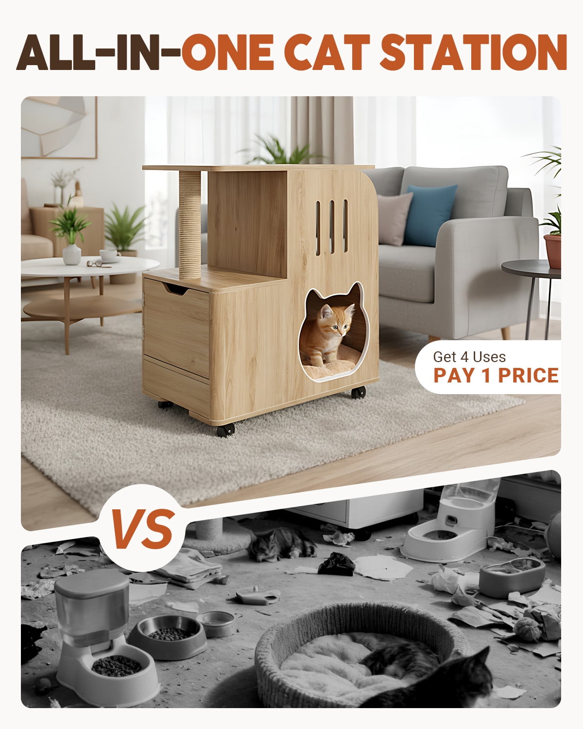 Dog Proof Cat Feeding Station with Bowls, Moving Wheels Cat Food Table, Cat Bed Window Perch with Vertical Scratcher and Mat