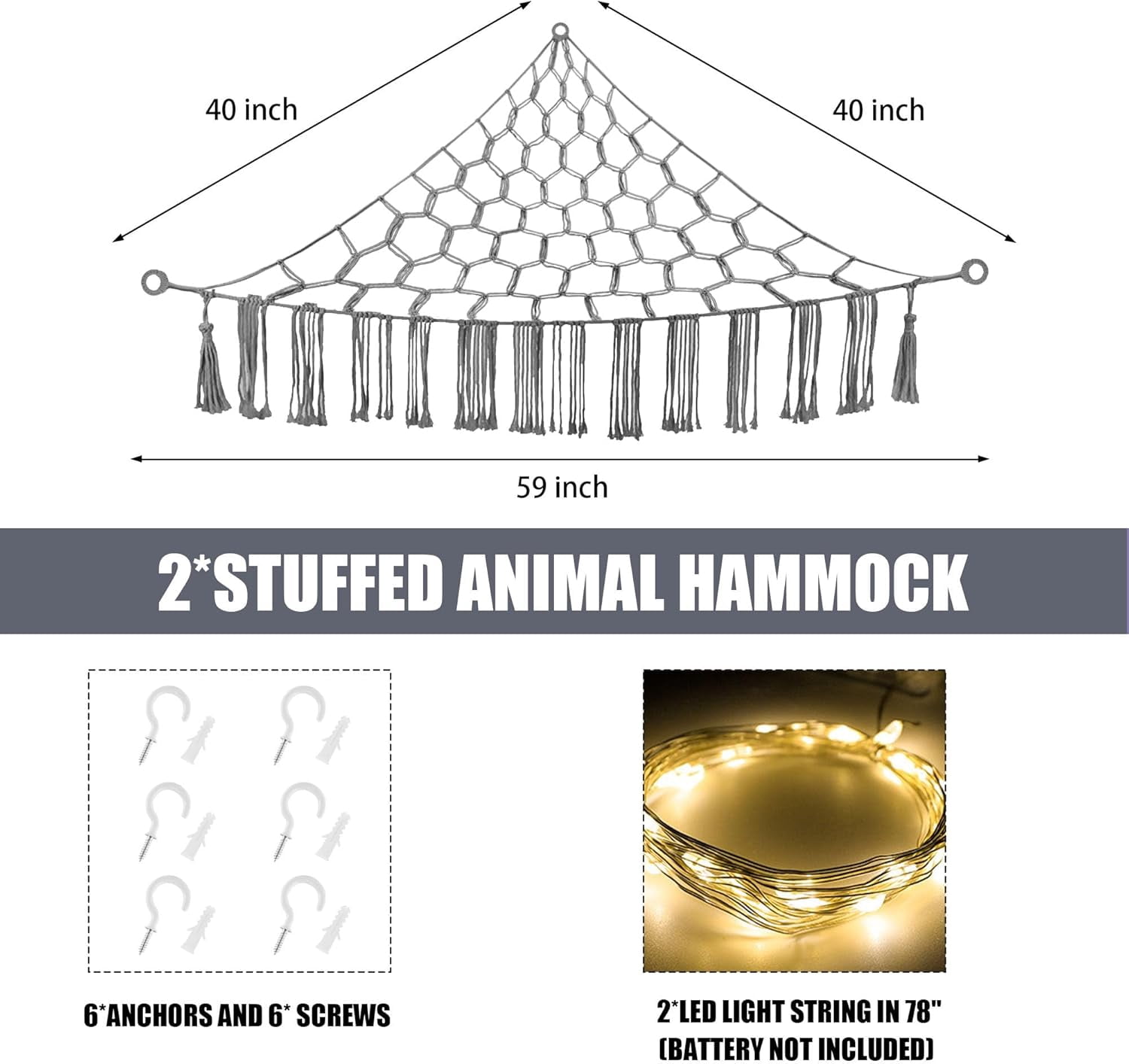 Stuffed Animal Hammock with LED Light, 2 Pack Toy Hammock for Stuffed Animals Storage for Kids, Stuffed Animal Hammock Corner, Grey