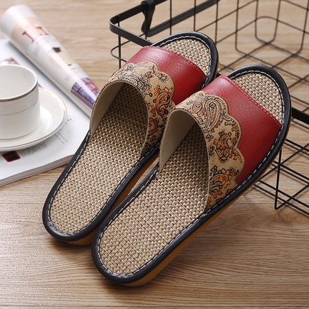 

Aayomet House Slippers for Women European Style Velvet Printed Linen Leather Slippers Women s Spring And Summer Home Indoor Red 8.5