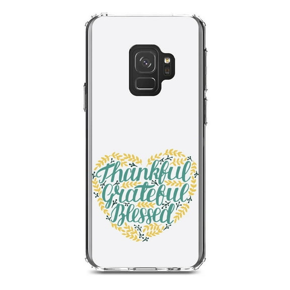 DistinctInk Clear Shockproof Hybrid Case for Samsung Galaxy S9 (5.8" Screen) - TPU Bumper, Acrylic Back, Tempered Glass Screen Protector - Thankful / Grateful / Blessed - Heart Flowers