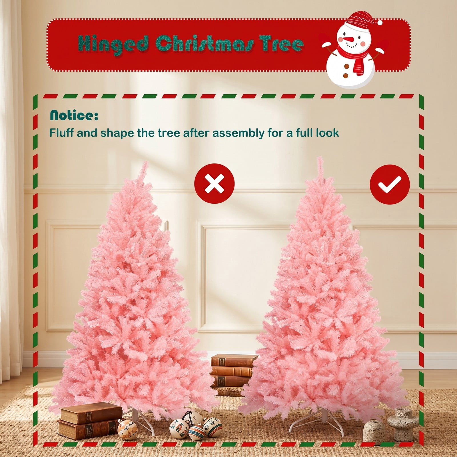 RUIE 6 FT Pink Artificial Christmas Tree, Hinged Full Spruce Xmas Tree with 1036 Tips and Foldable Metal Stand for Holiday Home Party Decoration, Cherry Blossom Pink