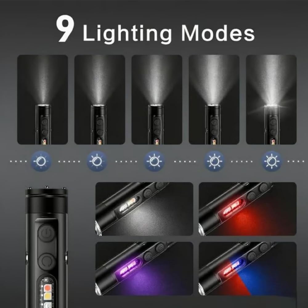 Pocket Rechargeable EDC Flashlight: 500 Lumens Mini Keychain Light with Fire Starter & Window Breake, C Interface - Magnetic Base, for Camping, Everyday Carry