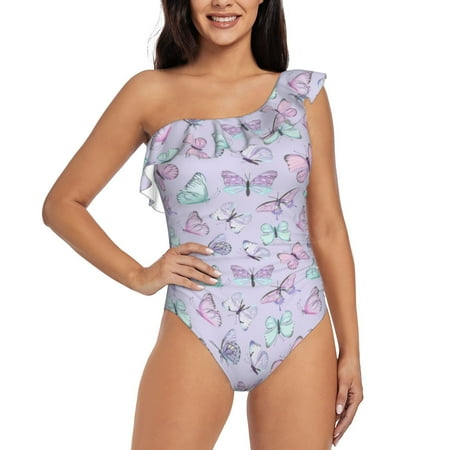 Sikiie Purple Butterfly Print Women One Piece Swimsuits Tummy Control One Shoulder Bathing Suits Ruffle Swimwear  From S to XXL-Medium