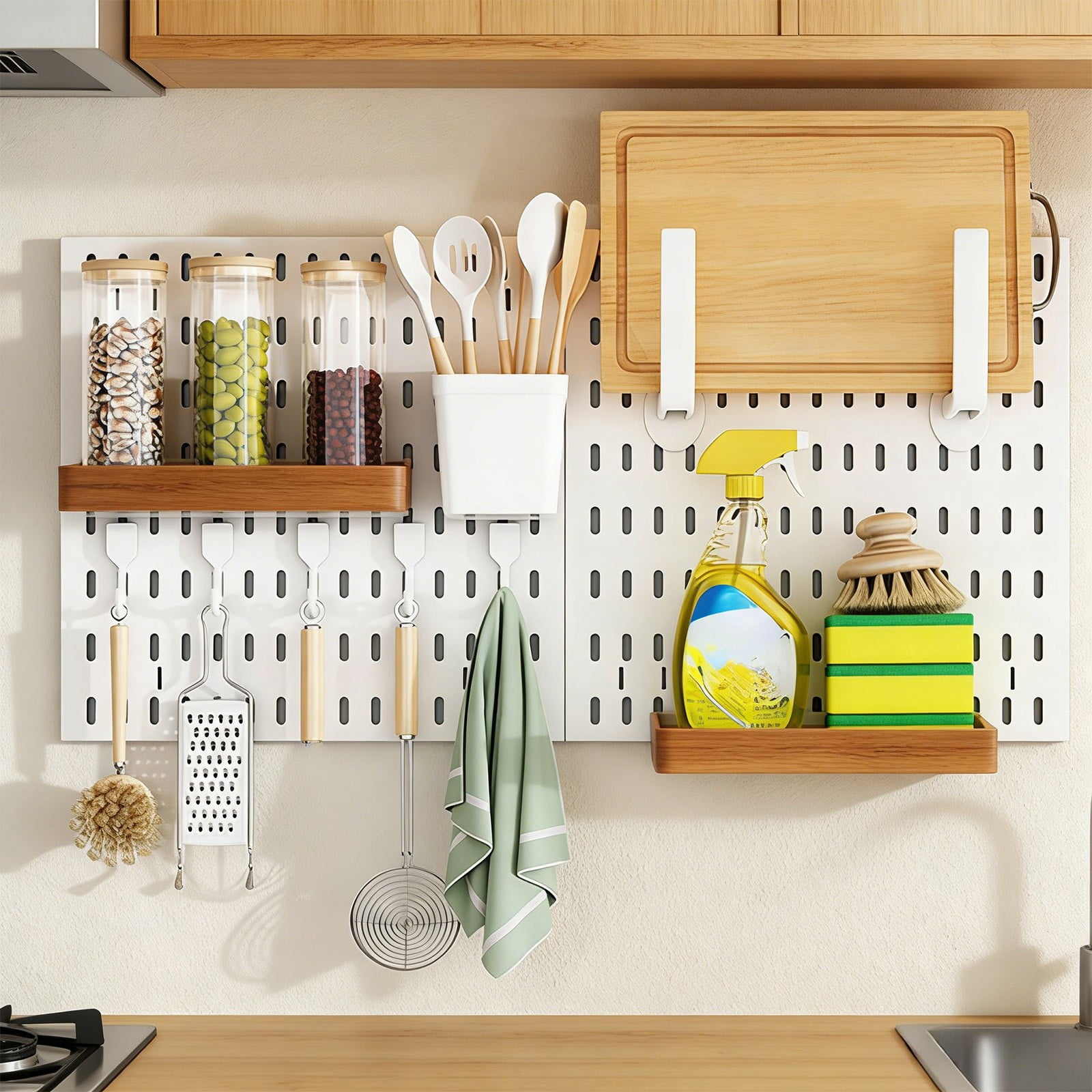 No Punch Pegboard Wall Mount Multi-Functional Drains Basket Storage Rack, Kitchen Organizer with Hooks, Container, Shelves, Wall-Mounted, Space-Saving, for Kitchen, Bathroom, Garage, Office