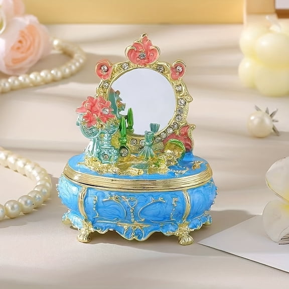 Vintage Floral Jewelry Trinket Box with Mirror, Zinc Alloy Enamel Unique Jewelry Box for Women, Elegant Tabletop Decor & Gift for Birthday Valentine's Mother's Day