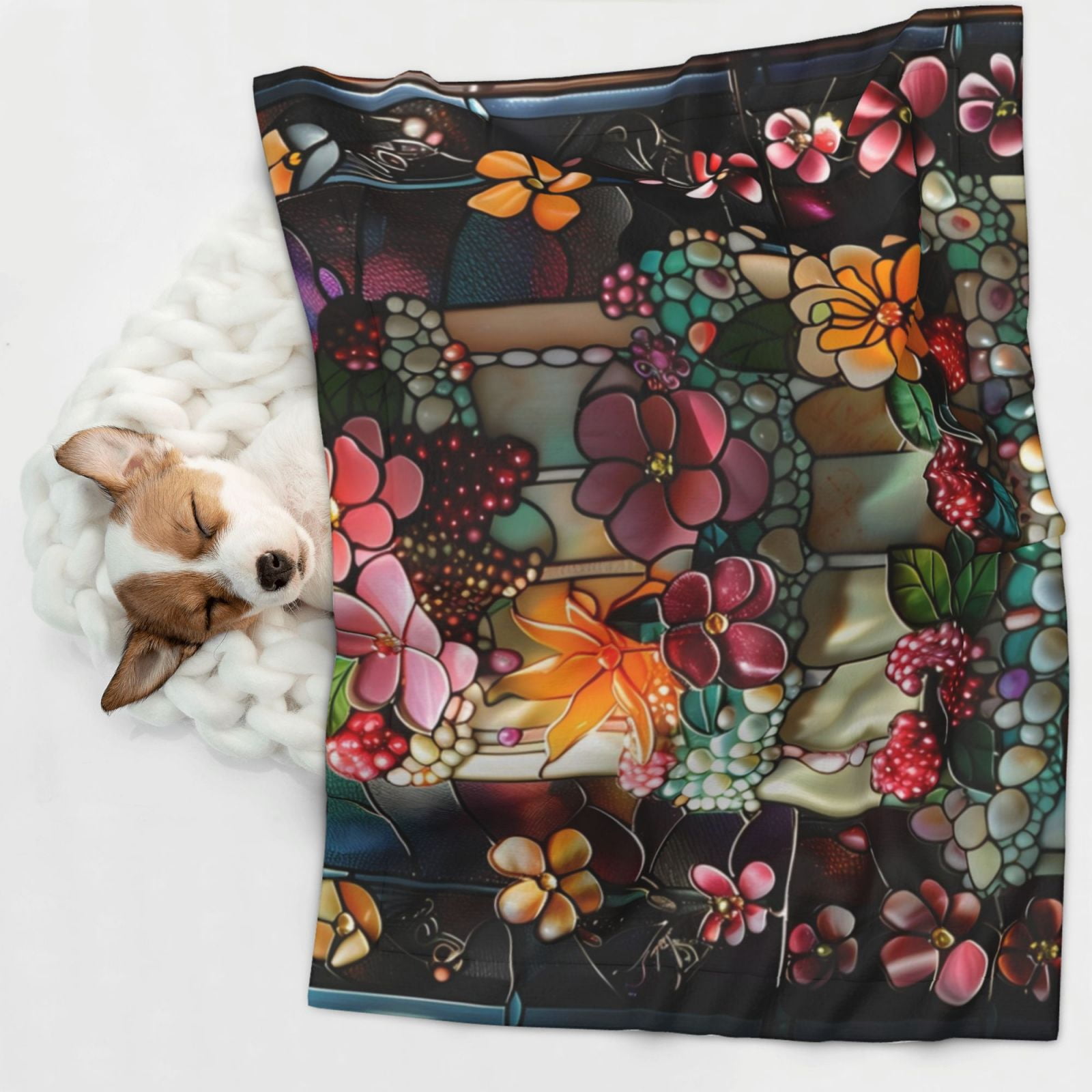 Naloa Stained Glass Floral Cake Dog Blanket, 3 Sizes Cat Blanket for Indoor Cats Large Medium Small Dog Gifts-Medium