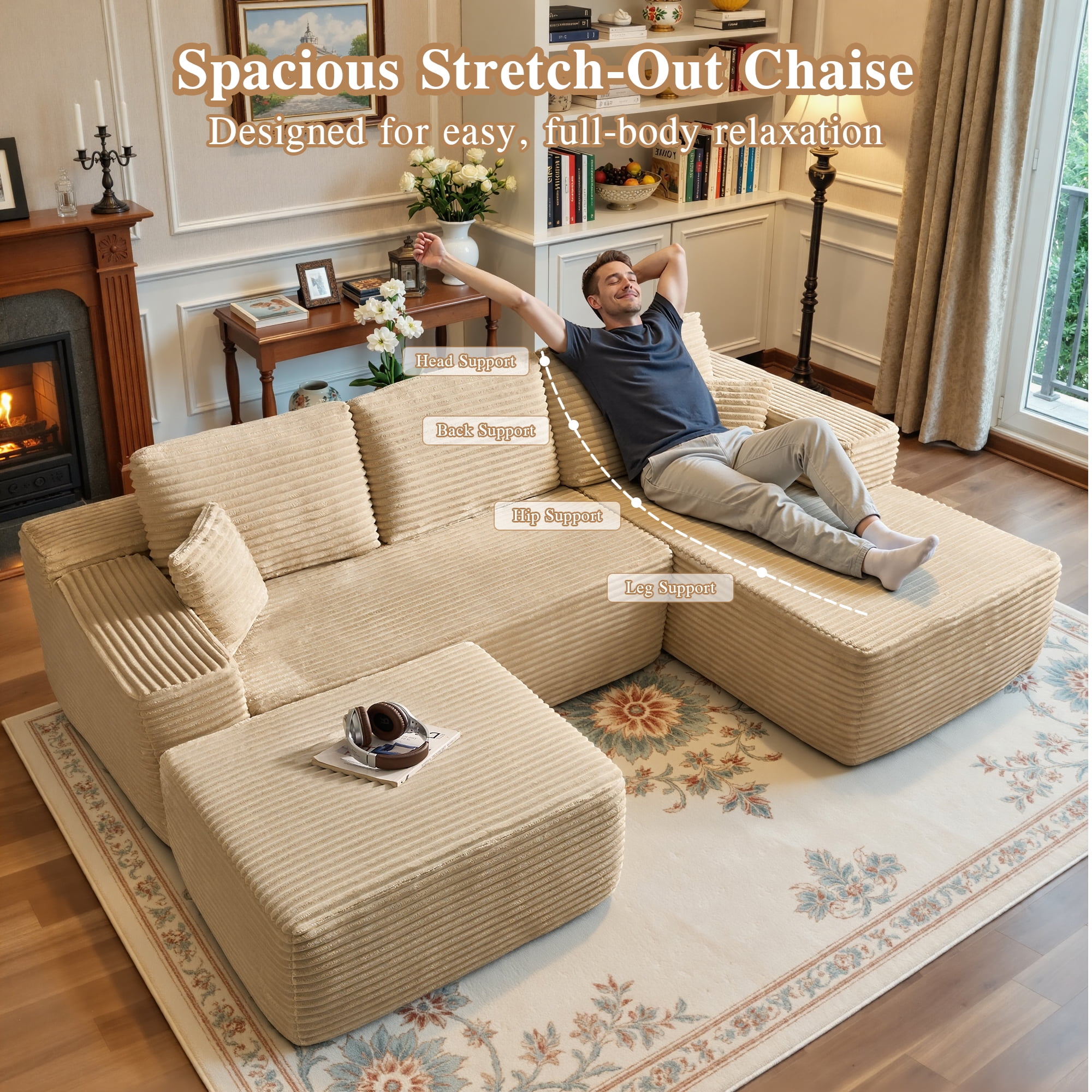 Ovios 106" Cloud Sofa Couch No Assembly Boneless Deep Seat Sofa with Ottoman for Living Room, Beige (Plush Corduroy)