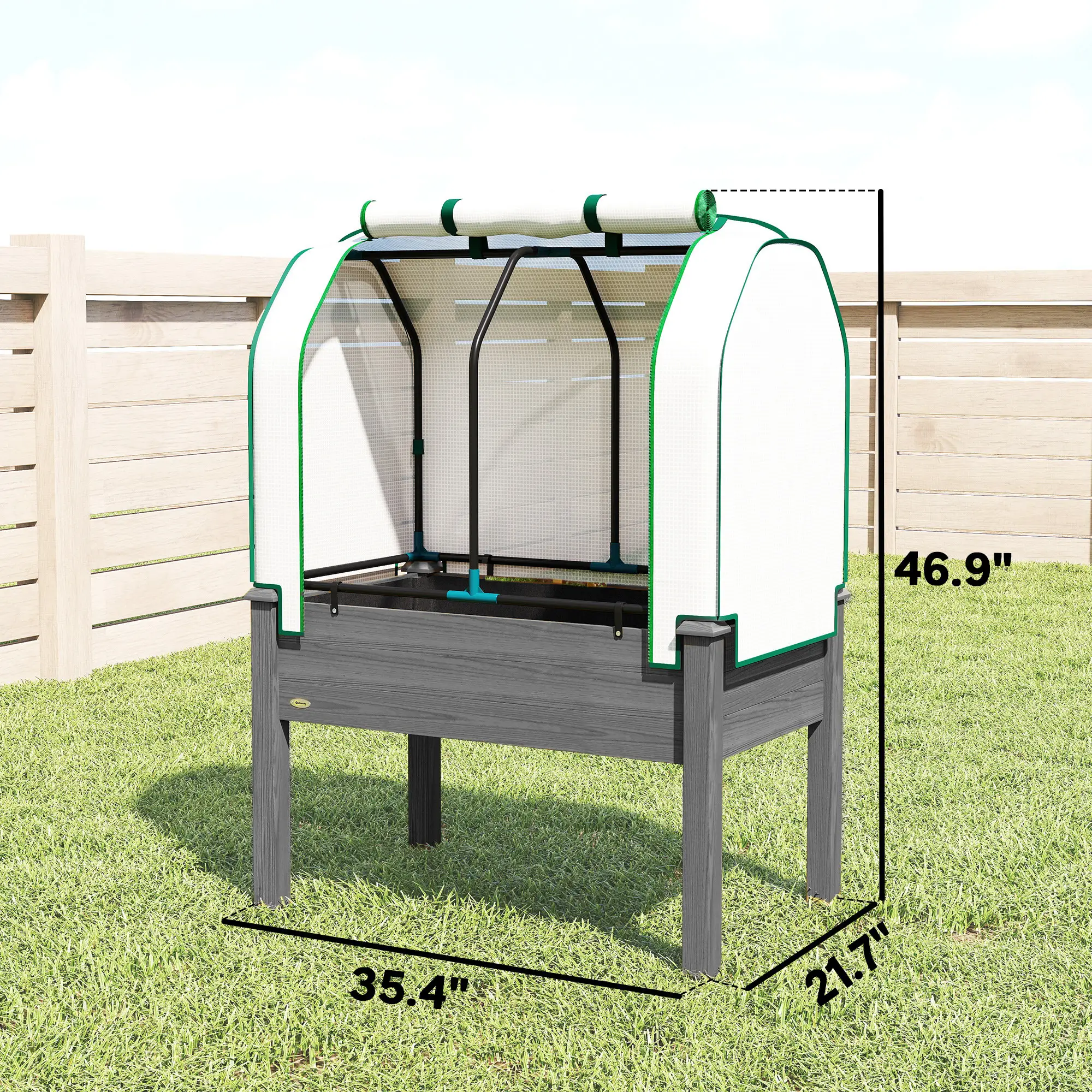 Raised Garden Bed with PE Cover, Fir Wood & Steel Frame, Roll-Up Ventilated Cover, Non-Woven Fabric, 4 Drainage Holes, Planter Box for Flowers Vegetables Outdoor