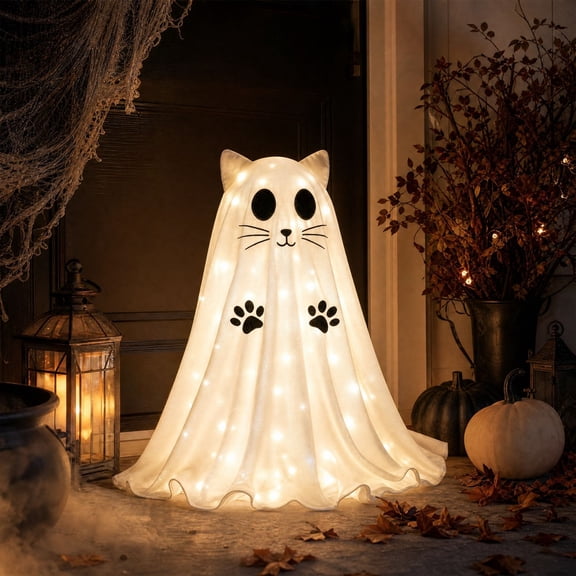Eliaeconx Lighted Ghost Cat Decoration, 25.6 Inch Standing Halloween Cat with Fillable Base, Remote Control Glow for Indoor Porch, Outdoor Halloween Display