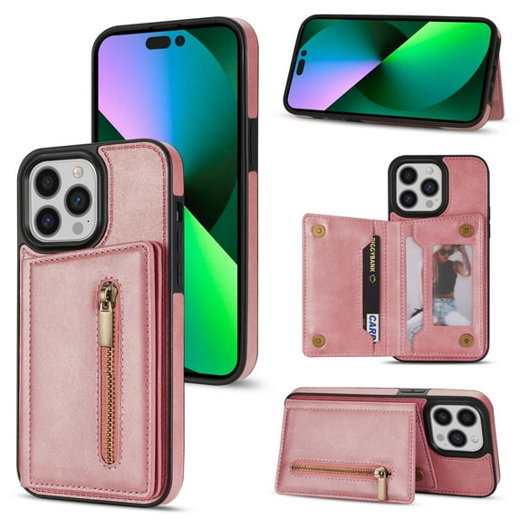 ELEHOLD Zipper Wallet Case for iPhone 14 Pro 6.1 inch,Made of Premium Vegan Leather and Soft TPU with Shockproof Full Body Protection Magnetic Kickstand and Card Slot Case, Rosegold