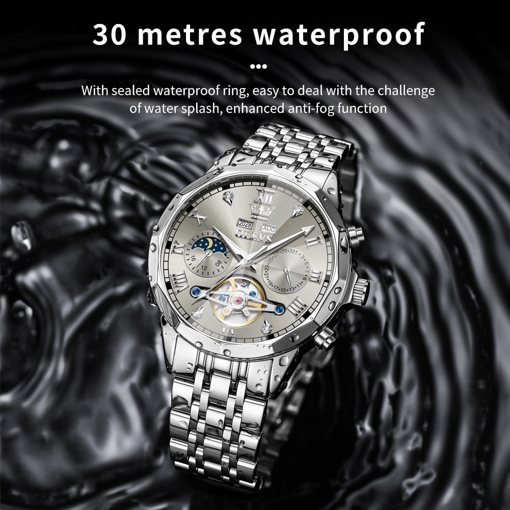 OLEVS Automatic Watches for Men Self Winding Mechanical Skeleton Luxury Dress Chronograph Gold Plated Stainless Steel Calendar Moon Phase Waterproof Luminous Mens Wrist Watches Reloj Para Hombre