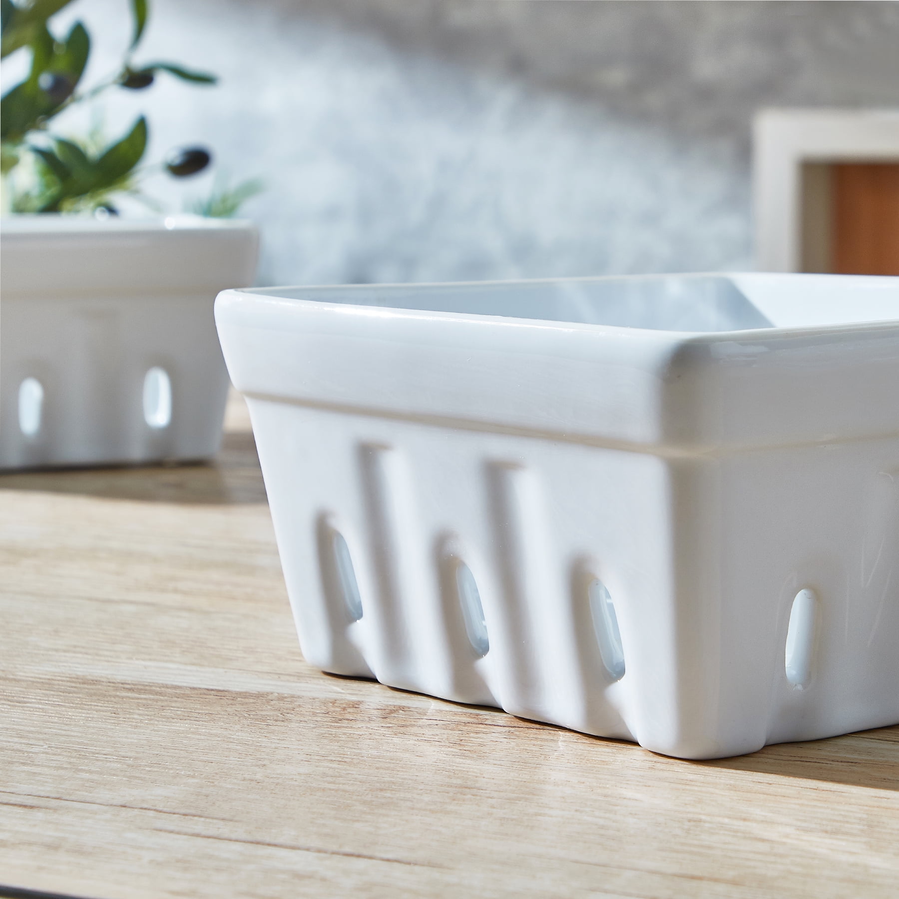 CONTENPO Ceramic Berry Basket Square Fruit Bowls with Holes Berry Bowl Colander Fruit Basket for Kitchen Décor - 5.9" Berry Containers for Fridge, Set of 2, White