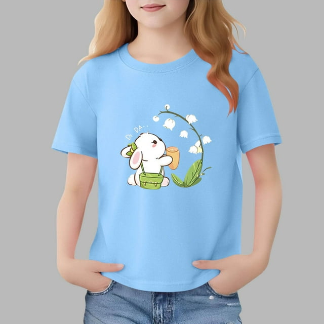Blusas y camisas de manga corta con cuello redondo para niños Camiseta de verano de manga corta estampada para niñas Jersey elegante de cuello redondo para niñas Top de algodón para niños