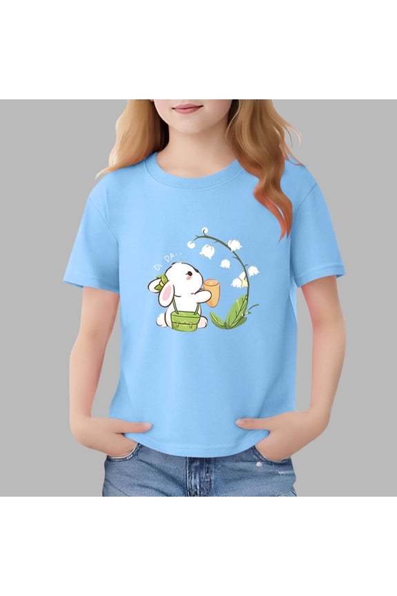 Short Sleeve Shirts for Girls Animal Print Summer Cotton T-Shirts for Casual Crewneck Lightweight T-Shirts 11-12 Years, Blue