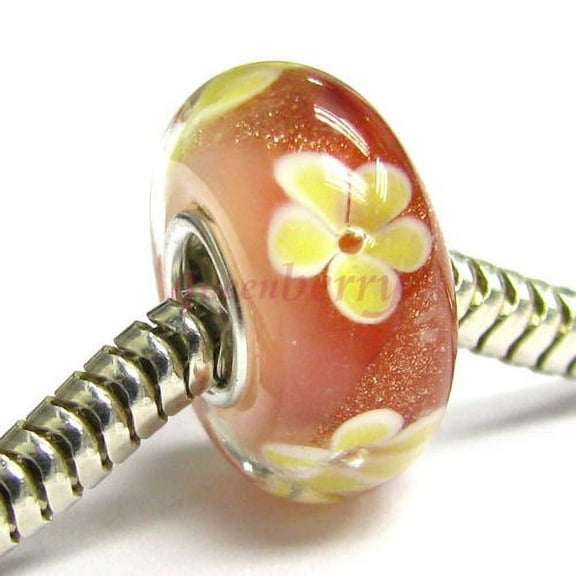 Queenberry Sterling Silver Murano Flower Red Yellow Gold Glass Bead for European Charm Bracelets 14mm