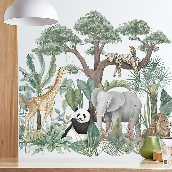 Cartoon Tropical Rainforest Animals Plant Wall Stickers, Removable Jungle Animal Elephant Giraffe Zebra Wallpaper Decals, Art Murals for Kids Bedroom