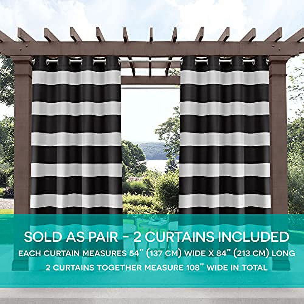 Exclusive Home Cabana Stripe Indoor/Outdoor Light Filtering Grommet Top Curtain Panel Pair, 54"x108", Black