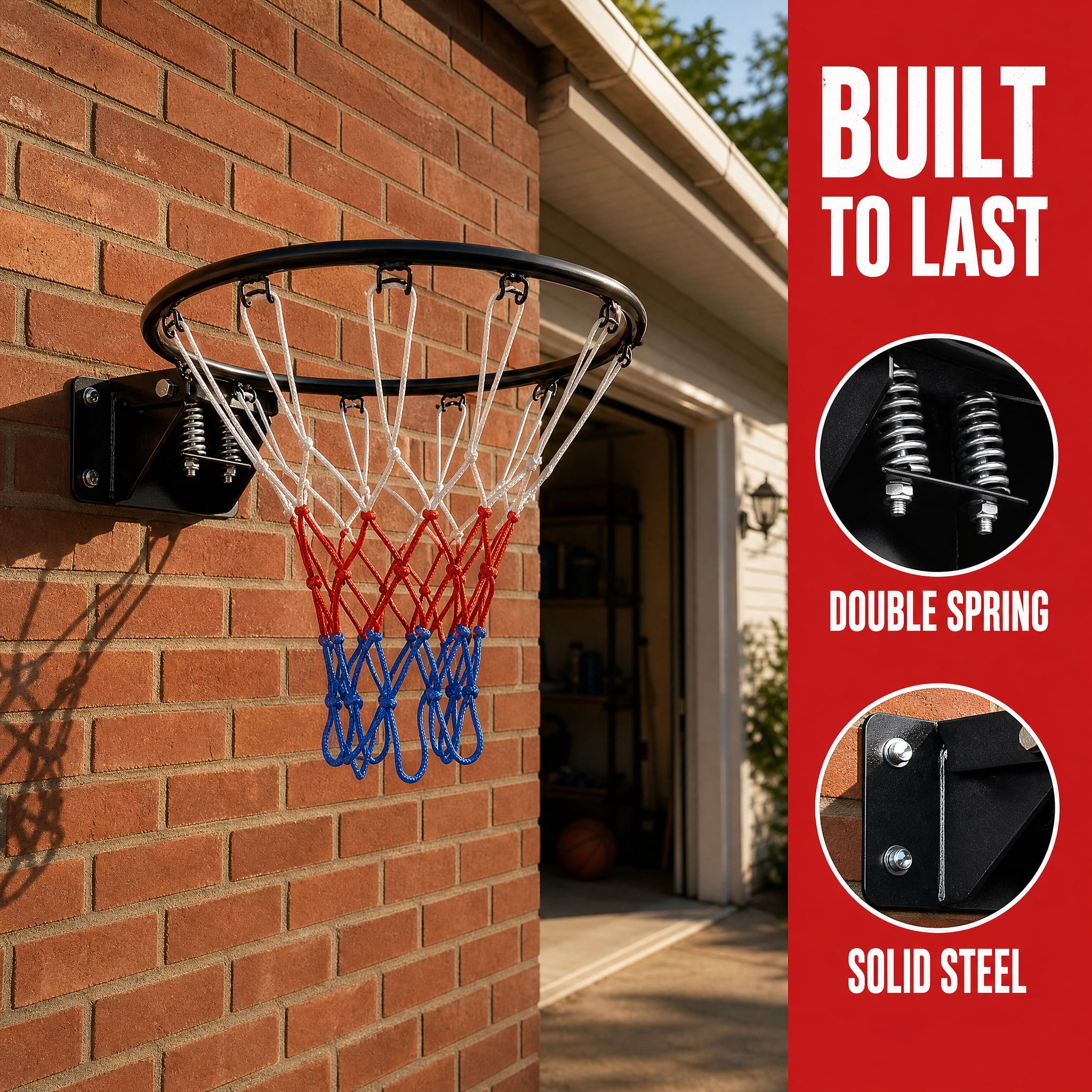 18 Inch Standard Double Spring Solid Steel Basketball Rim Heavy‑Duty Wall Mount Replacement Hoop with Nylon Net Shock‑Absorbing Basketball Goal for Indoor Outdoor Kids Teens Home Backyard Play