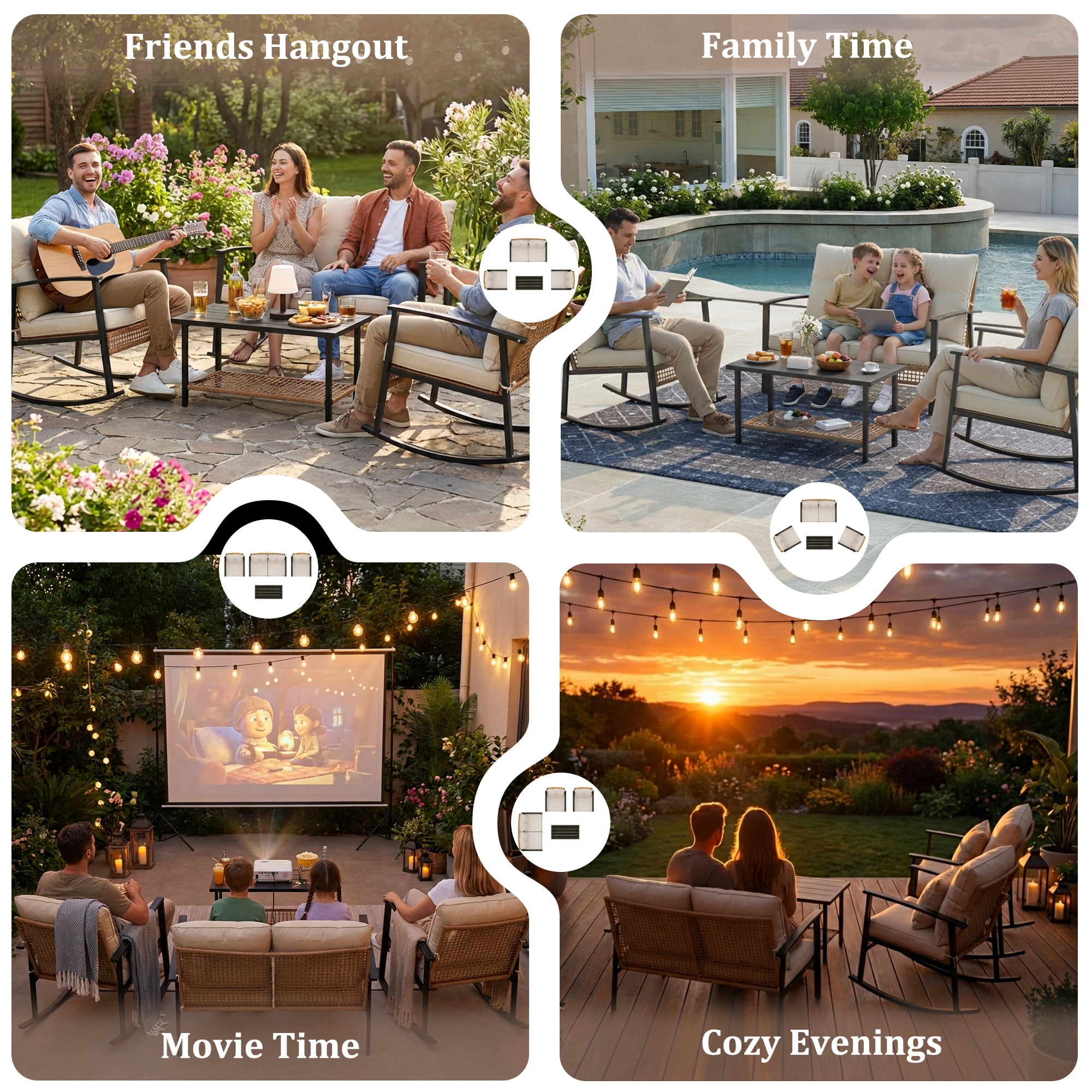 Deersky 4 Pieces Outdoor Patio Furniture Set with 2 All-Weather Wicker Rocking Chairs, Loveseat and Coffee Table, Easy Assembly for Balcony, Porch, Backyard