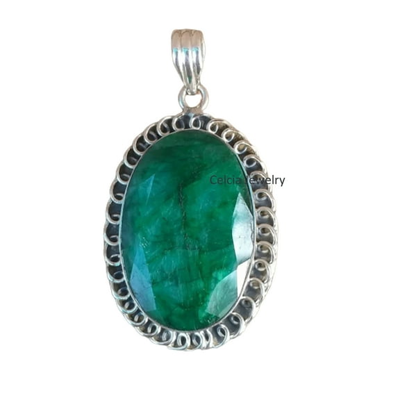 Real 925 Sterling Silver Pendant For Women Men, Genuine Green Emerald Oval Gemstone Unique Handcrafted May Birthstone Jewelry