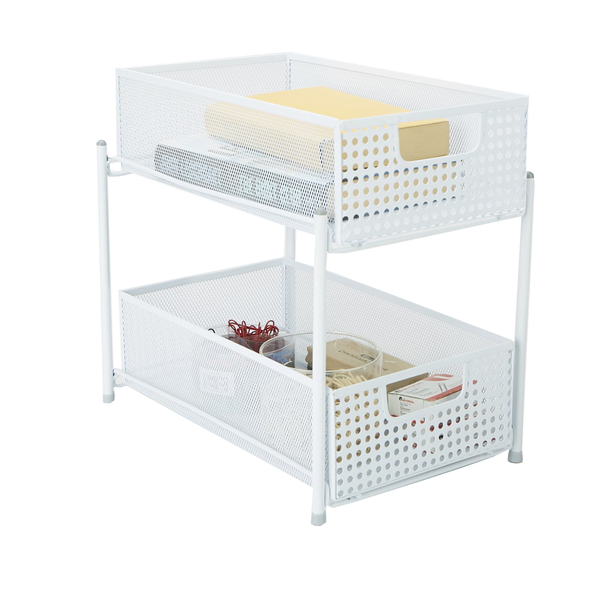 Mind Reader 2-Tier Metal Mesh Heavy Duty Organizer Slide Out Basket Drawer For Kitchen, Bathroom, Office Desk, White